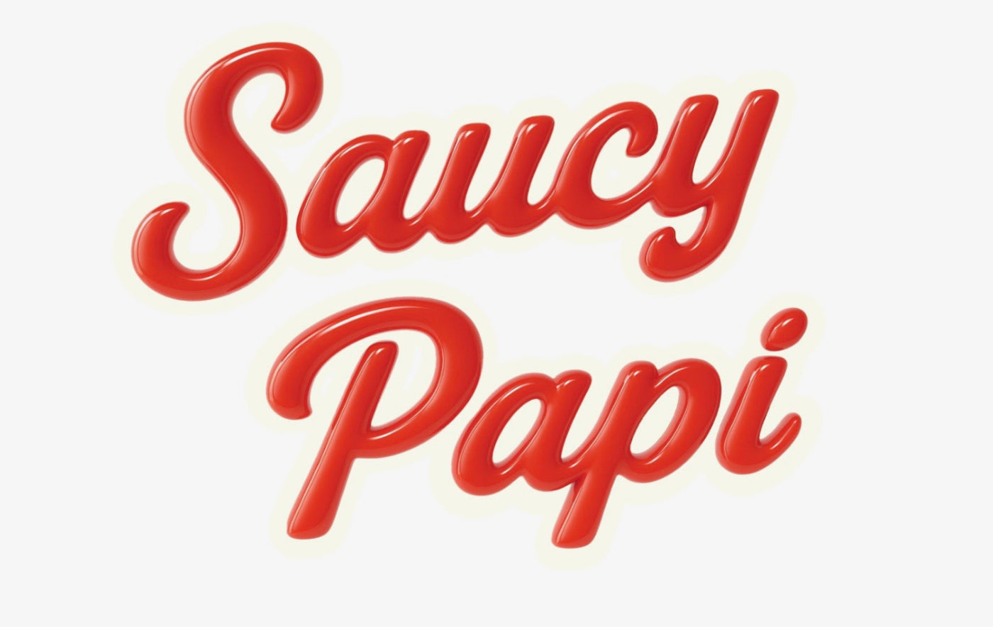 Red text 'Saucy Papi' on a white background